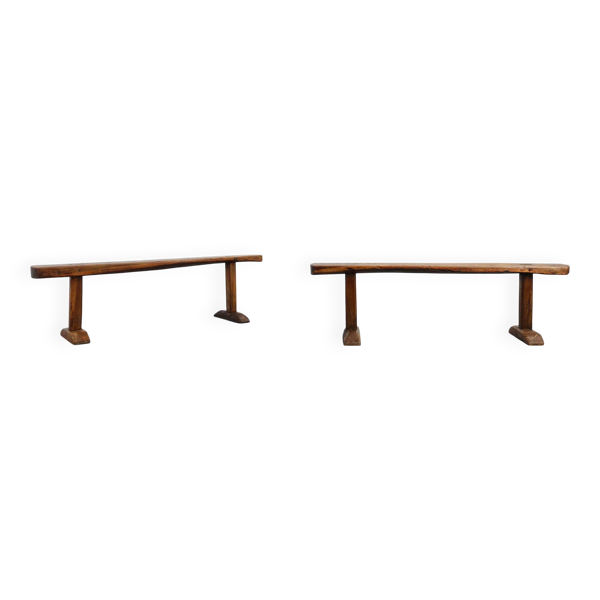 Paire de bancs en chêne rustiques, France, 1850