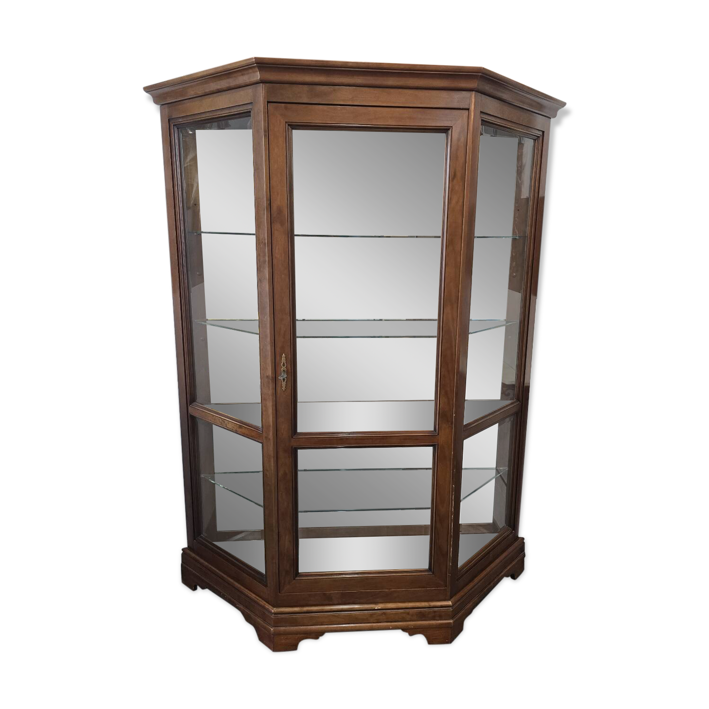 Vitrine hexagonale vintage en bois et verre – éclairé-Style classique