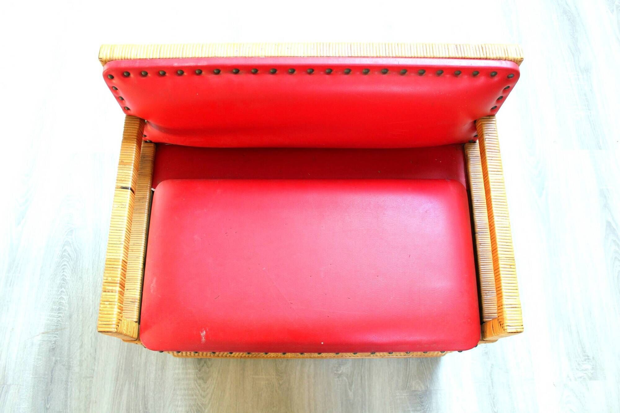 Vintage 1970s wicker cane storage bench chair