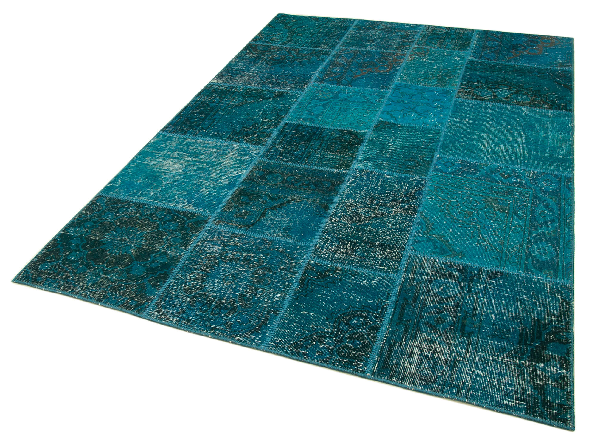 Handwoven oriental overdyed 171 cm x 243 cm turquoise patchwork carpet