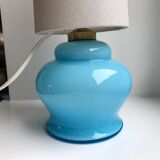 Lamp with blue opaline feet and textured conical lampshade 60s-70s