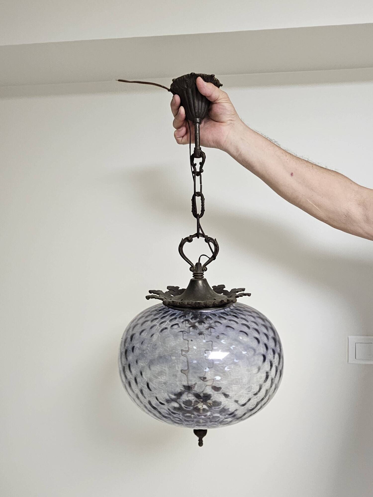 Antique French Victorian style bronze and purple glass pendant light