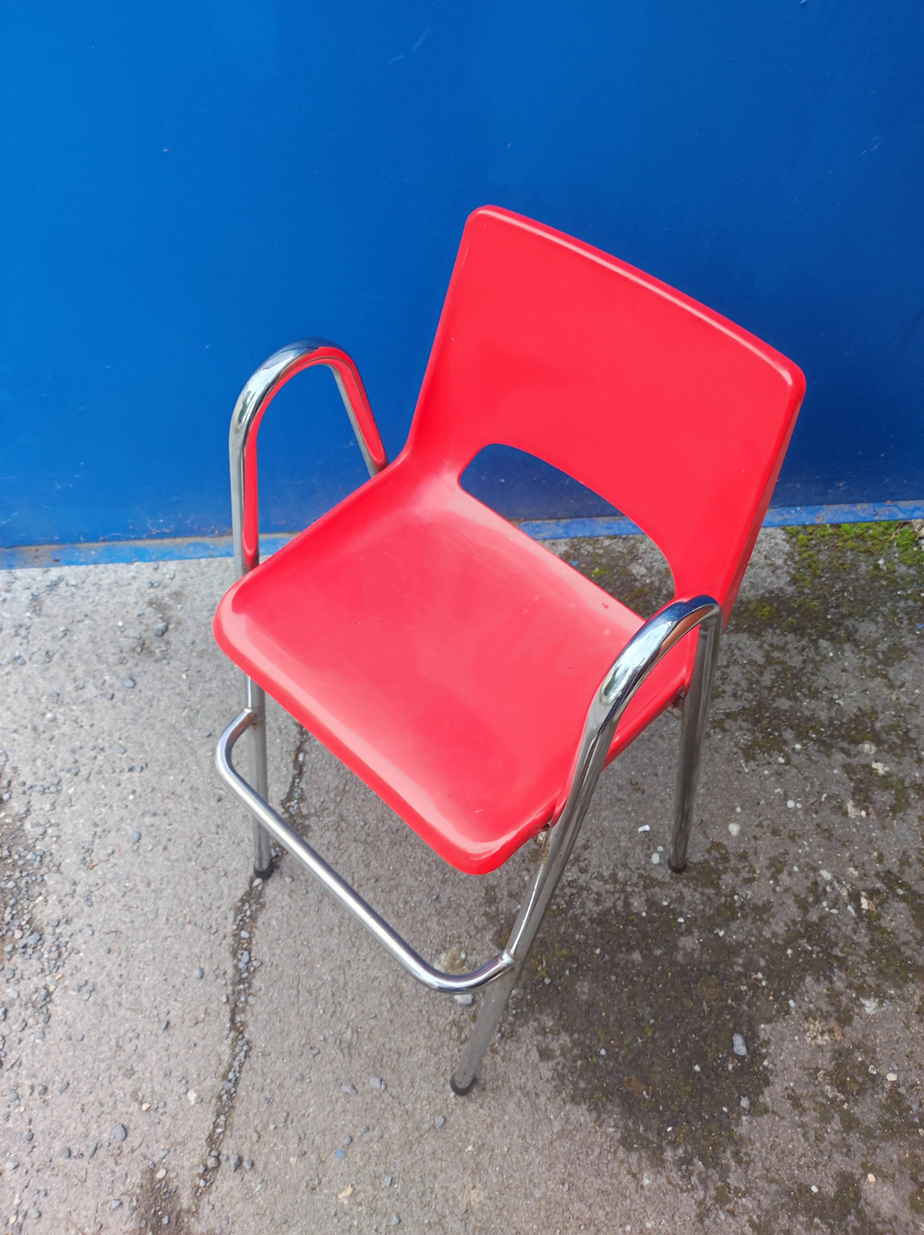 Children's high chair design chrome metal and vintage plastic