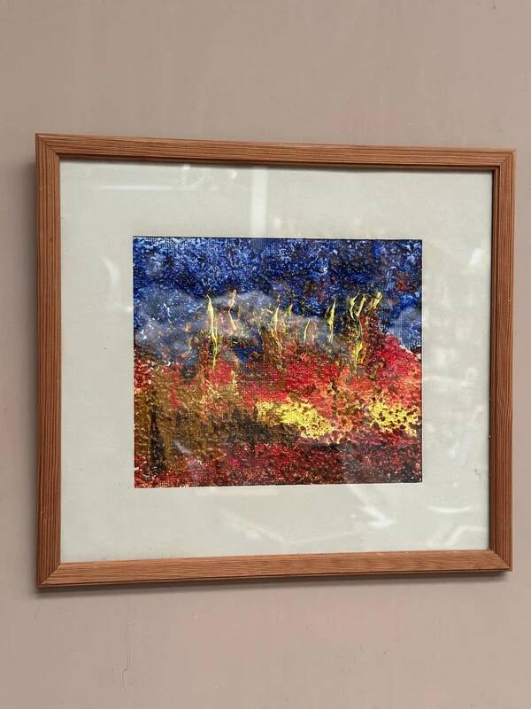 European vintage oil on canvas "Abstract" by unknown artist, glazed and framed 33×30cm
