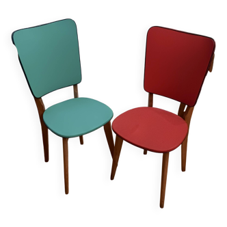 Set de 6 chaises salon ou bistrot années 50/60 en bois et skaï rouges et vertes