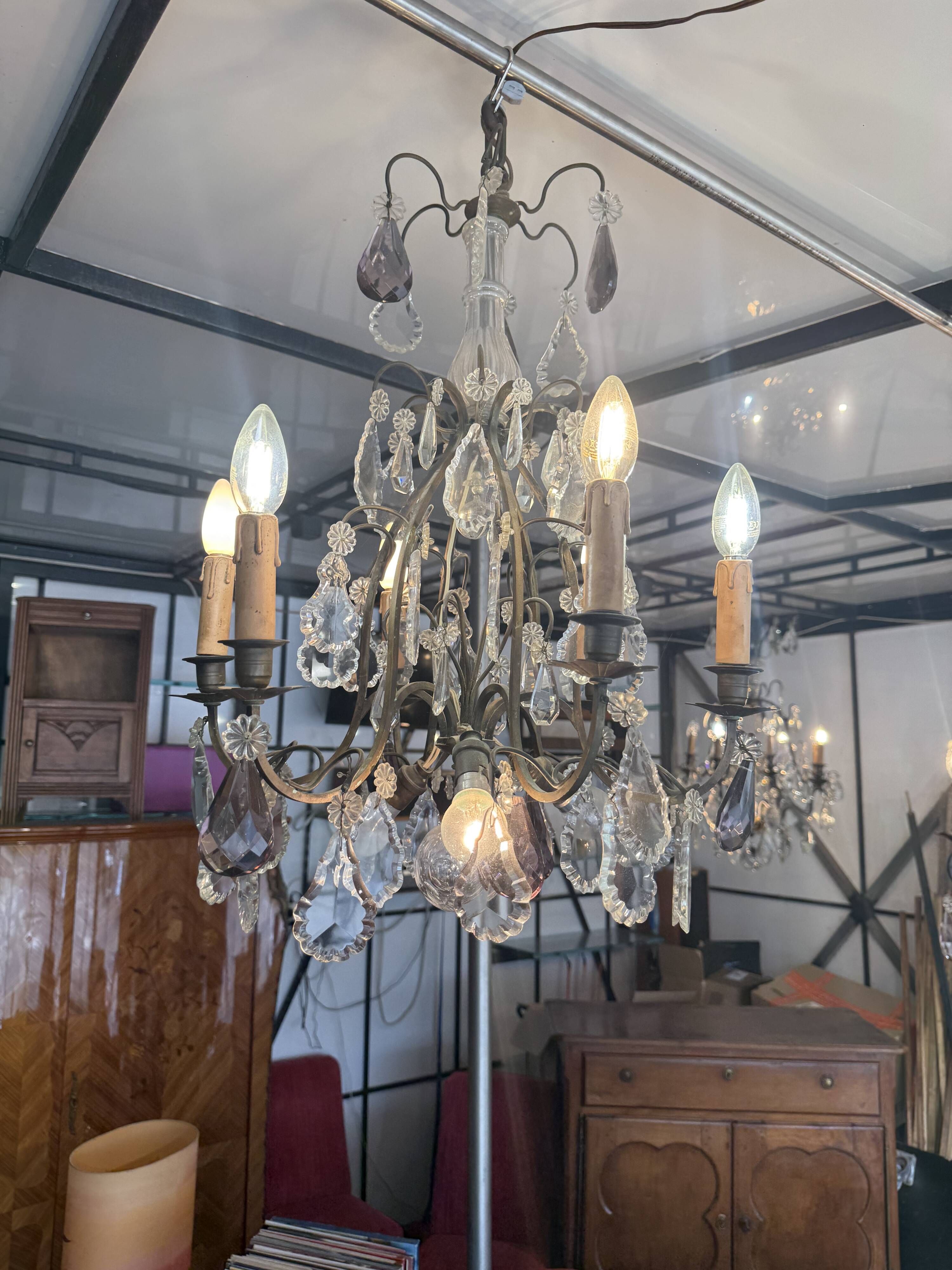 Lustre cage 9 lights with pendants Louis XV