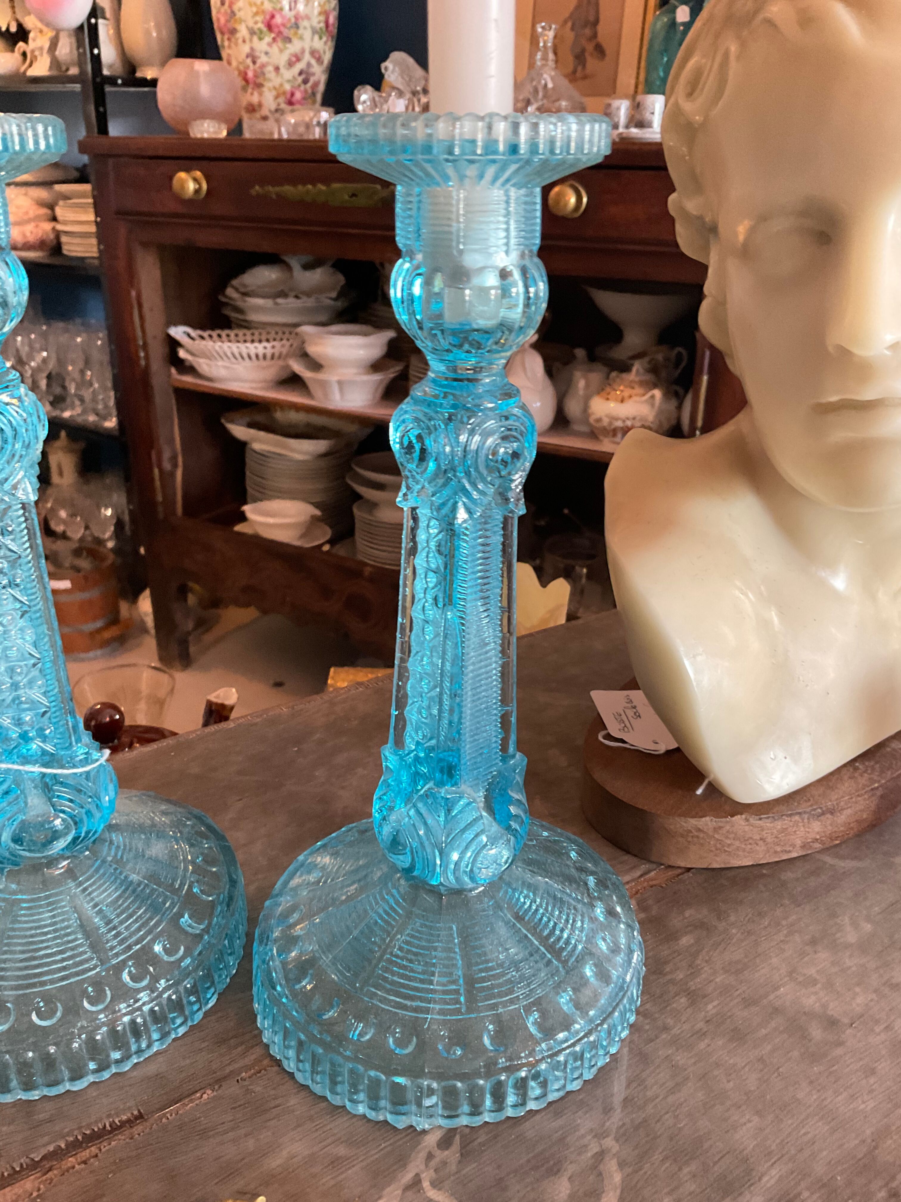 Pair blue glass candle holders.type Art Deco