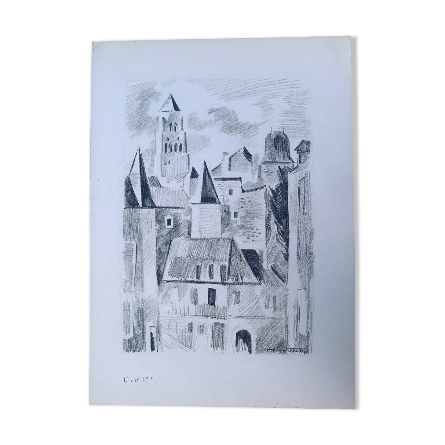 Uzerche, original black chalk drawing by Jean Villette (1913-2005)