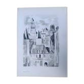 Uzerche, dessin original à la pierre noire par Jean Villette (1913-2005)