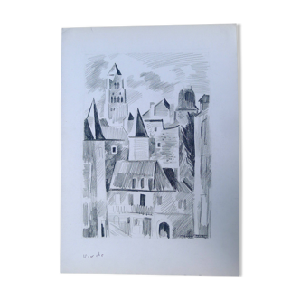 Uzerche, original black chalk drawing by Jean Villette (1913-2005)