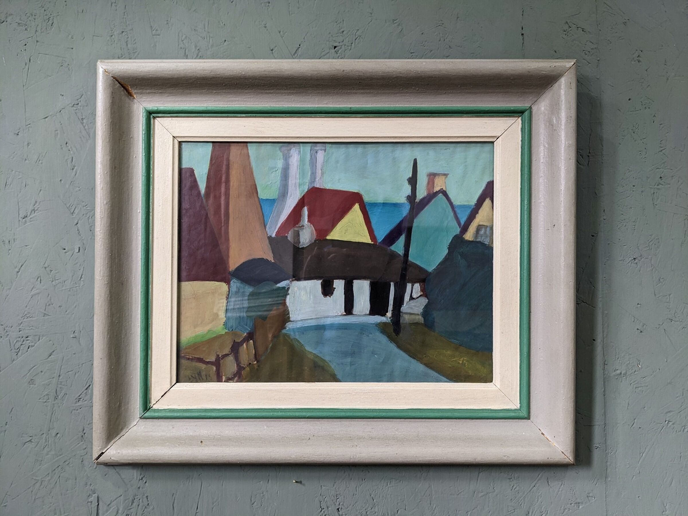 1955 Mid-Century Modern "Street Houses" Swedish Vintage Street Scene Oil Painting, Framed