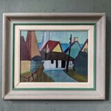 1955 Mid-Century Modern "Street Houses" Swedish Vintage Street Scene Oil Painting, Framed