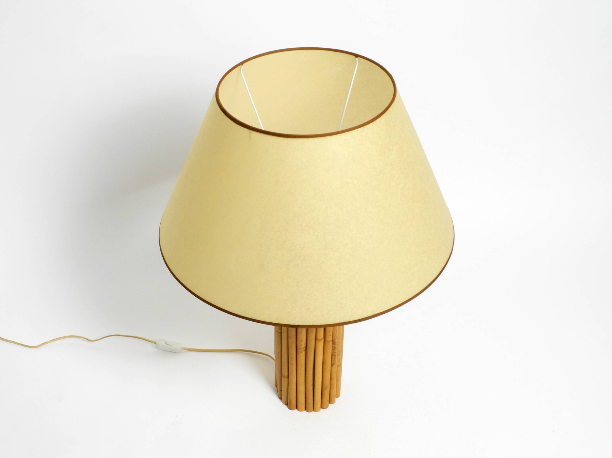 Large 1970s Italian bamboo table lamp with large oiled paper shad