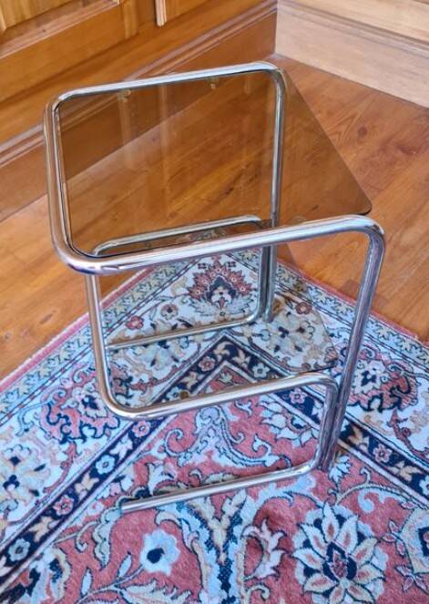 Vintage 70s shelf in chromed metal and smoked glass