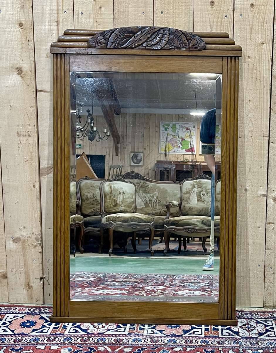 Art deco period beveled mirror in oak