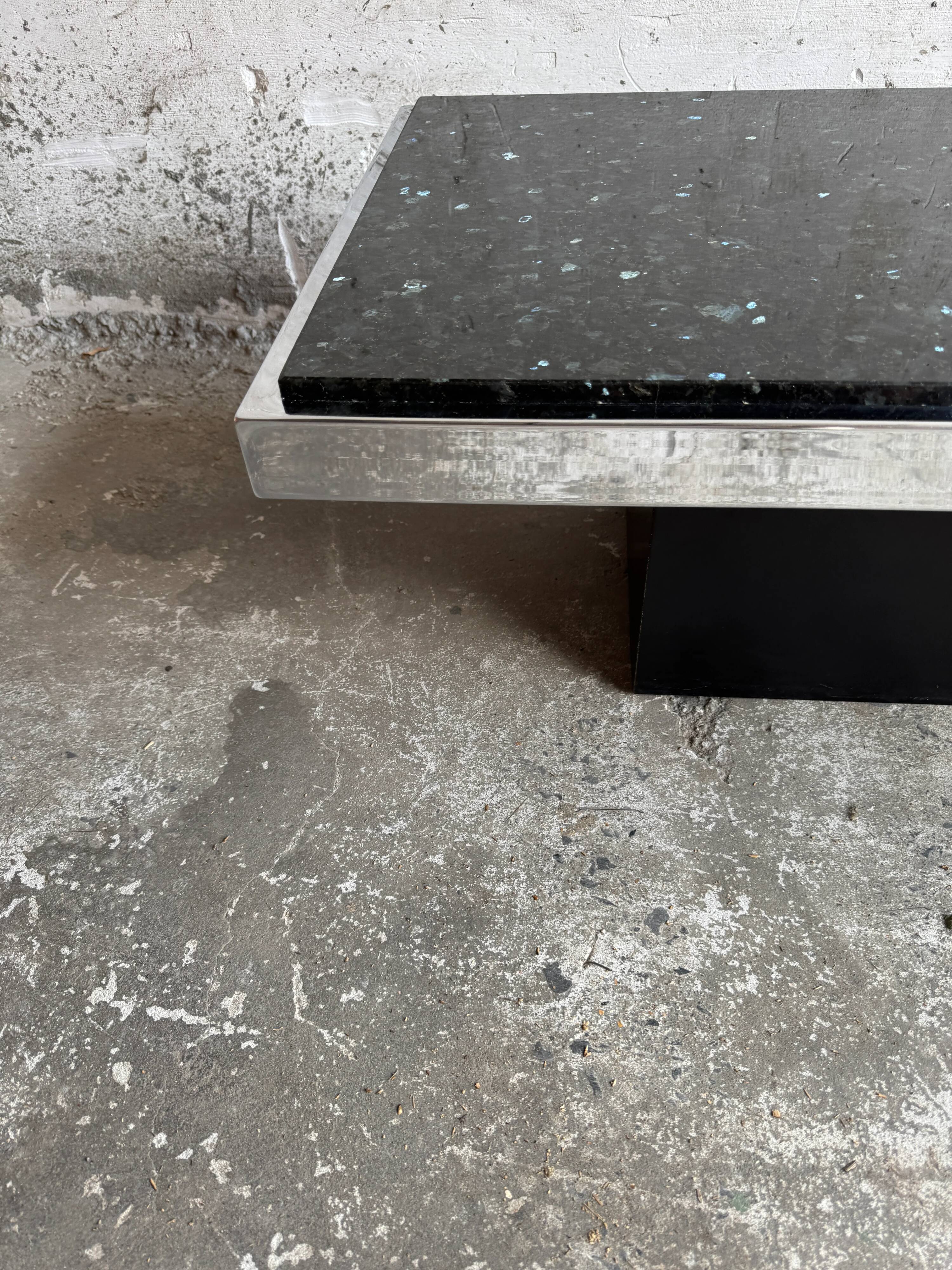 Vintage Black Terrazzo Coffee Table with Wooden Pedestal Base — Mid-Century Rectangular Accent Table