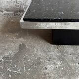 Vintage Black Terrazzo Coffee Table with Wooden Pedestal Base — Mid-Century Rectangular Accent Table