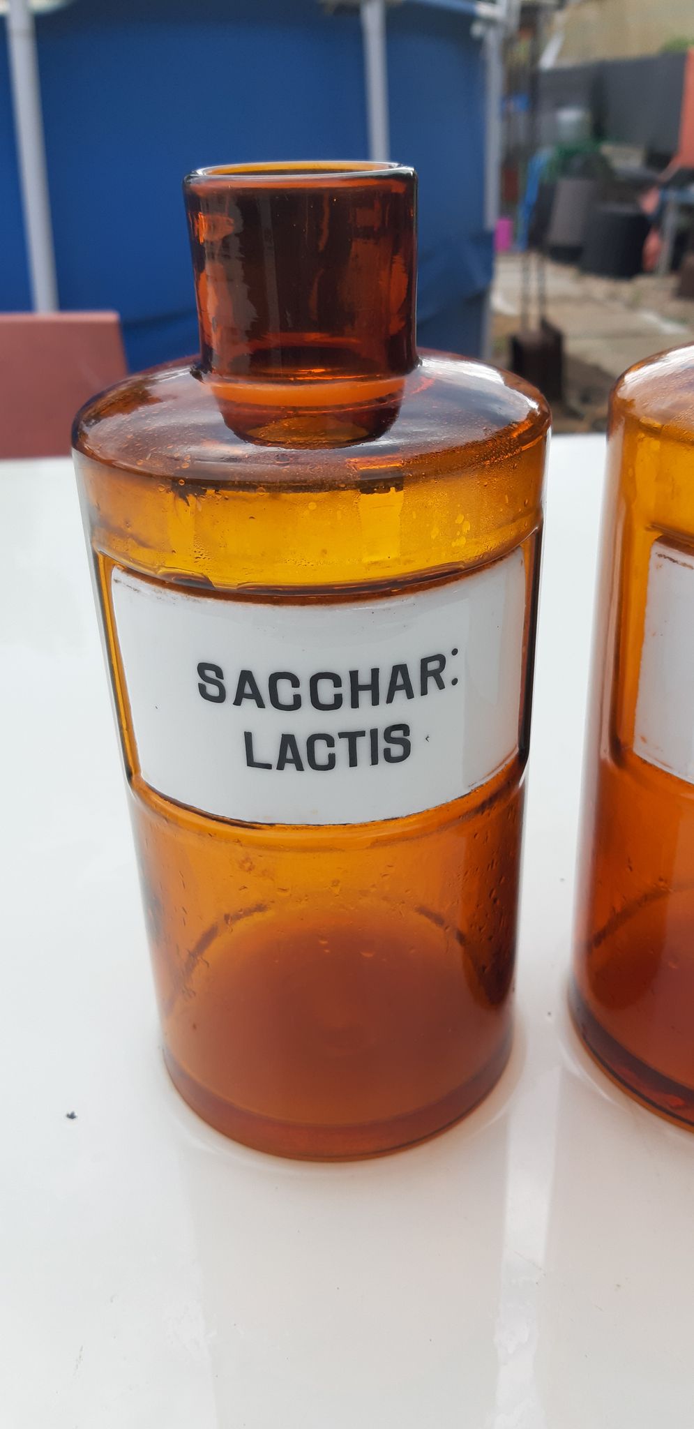 Pair of bottles at pharmacy glass labels porcelain 19th
