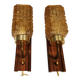 wall lights in rosewood look, with amber coloured glass and brass details.