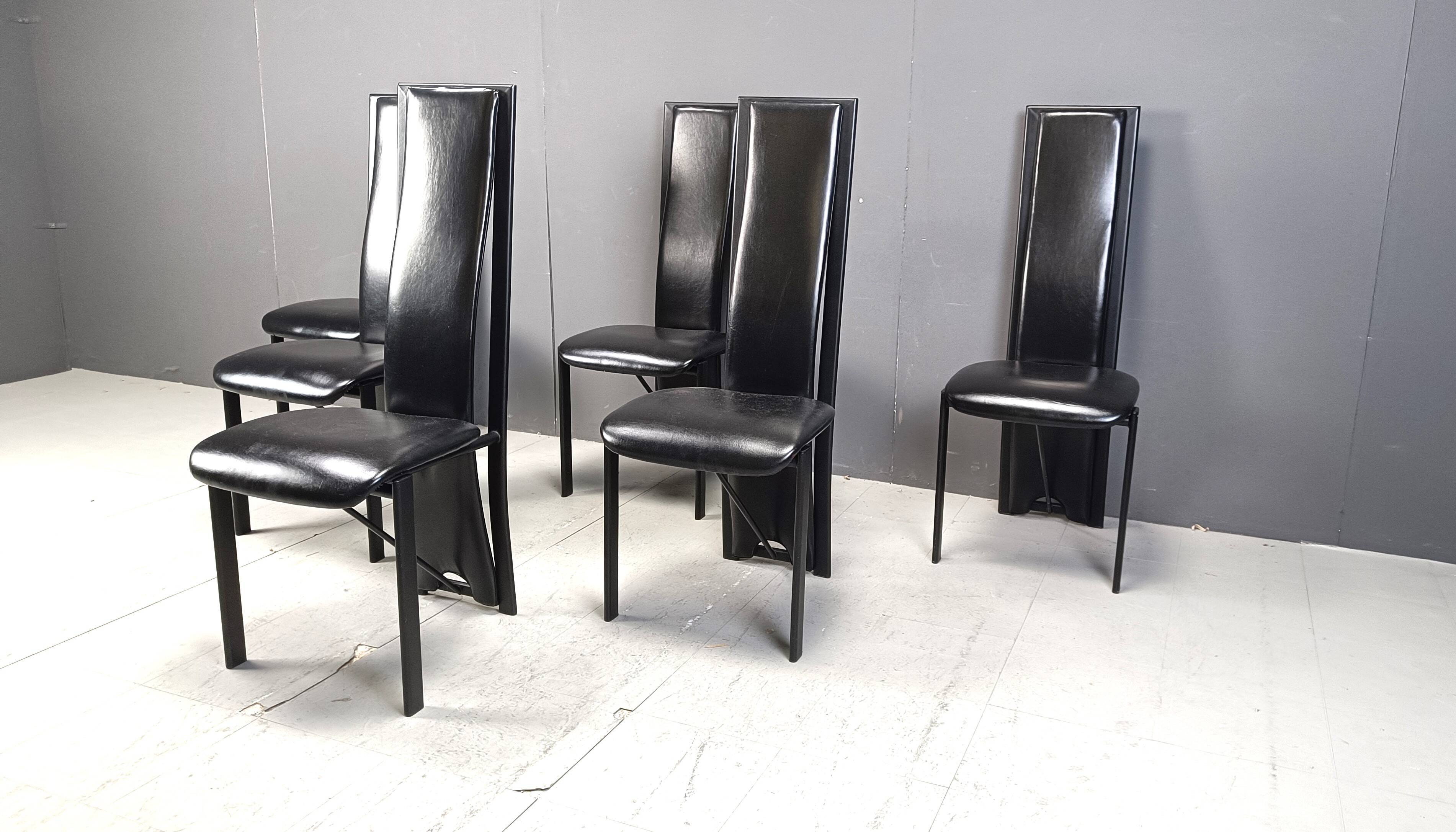 Chaises de salle à manger hautes en cuir noir vintage, lot de 6, années 1980