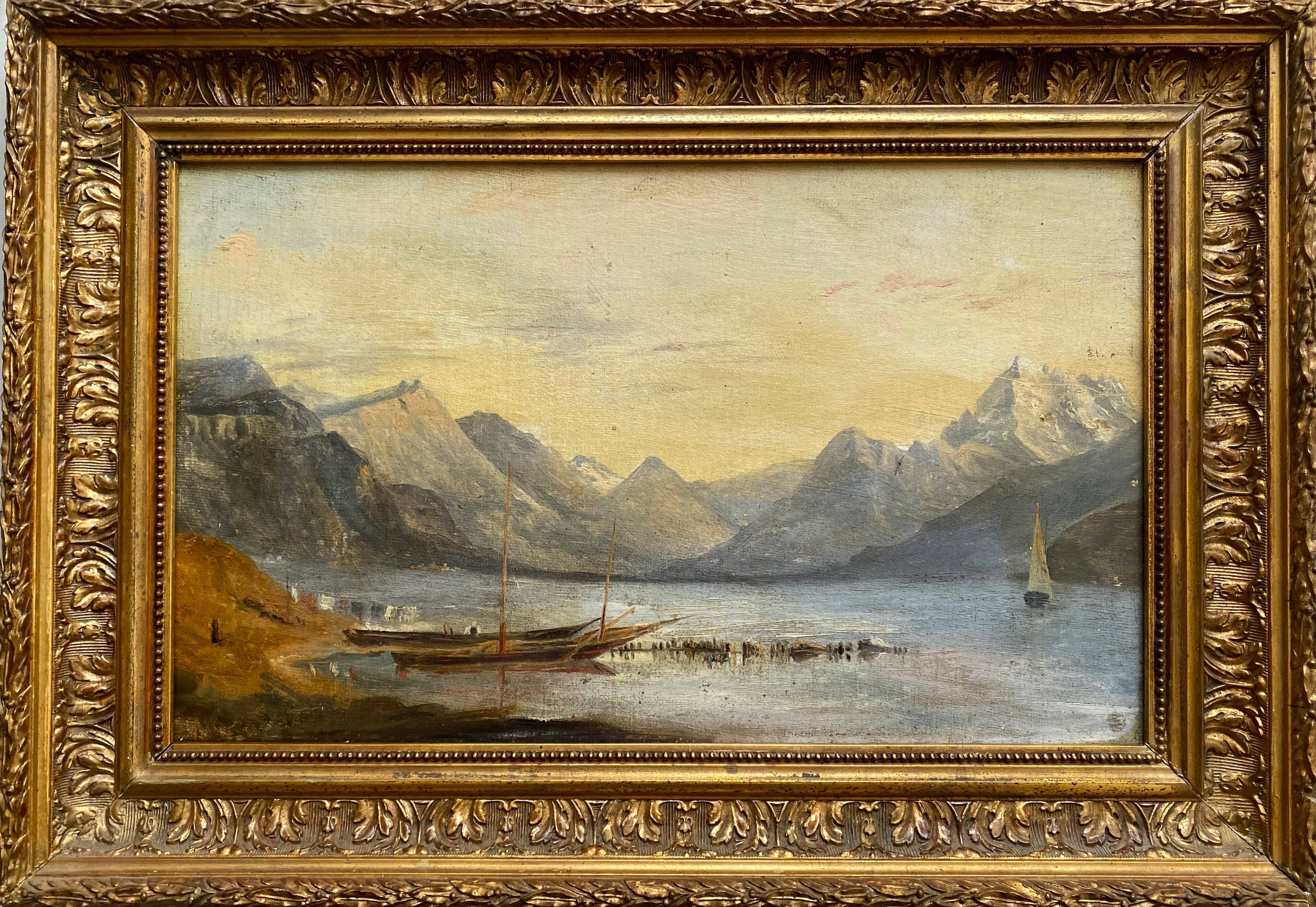 Marine painting "animated lake landscape" HST Italy Switzerland? Nineteenth century