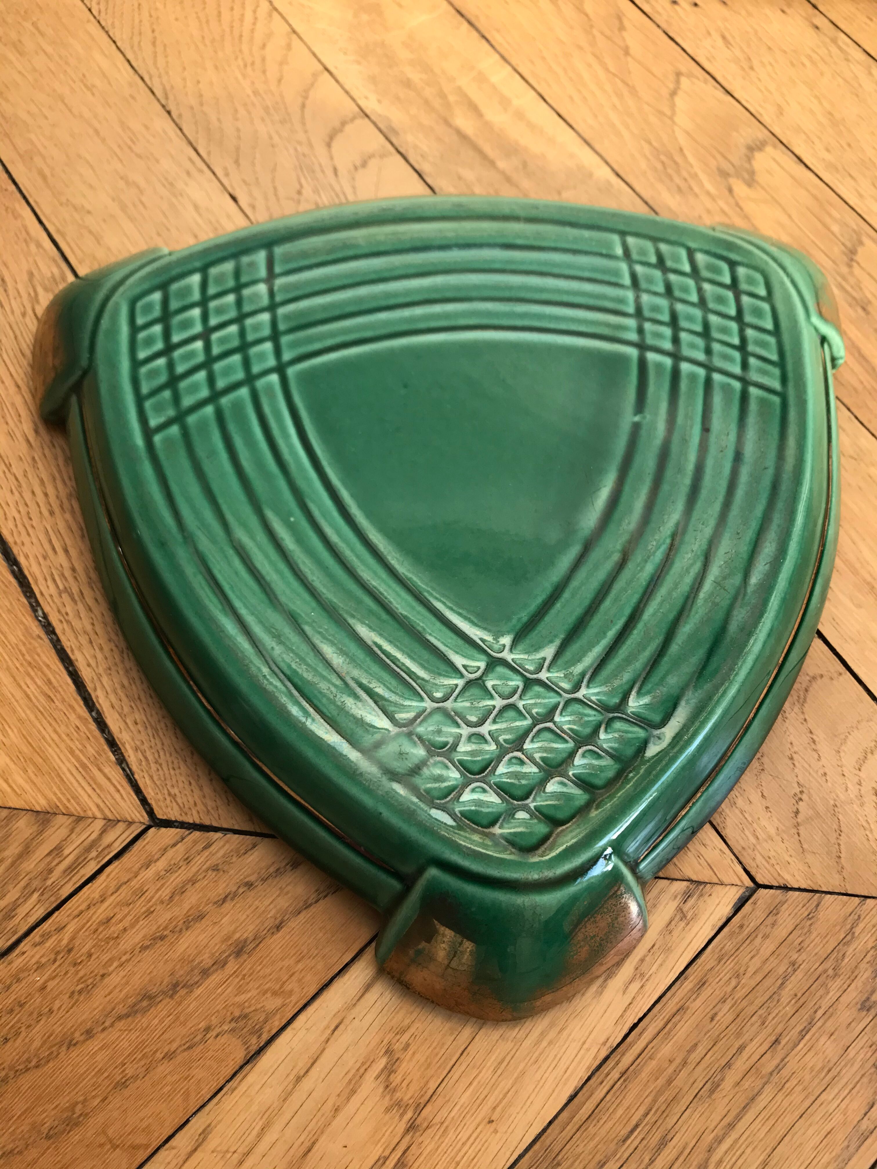 Dessous de plat art deco vert et doré faïence