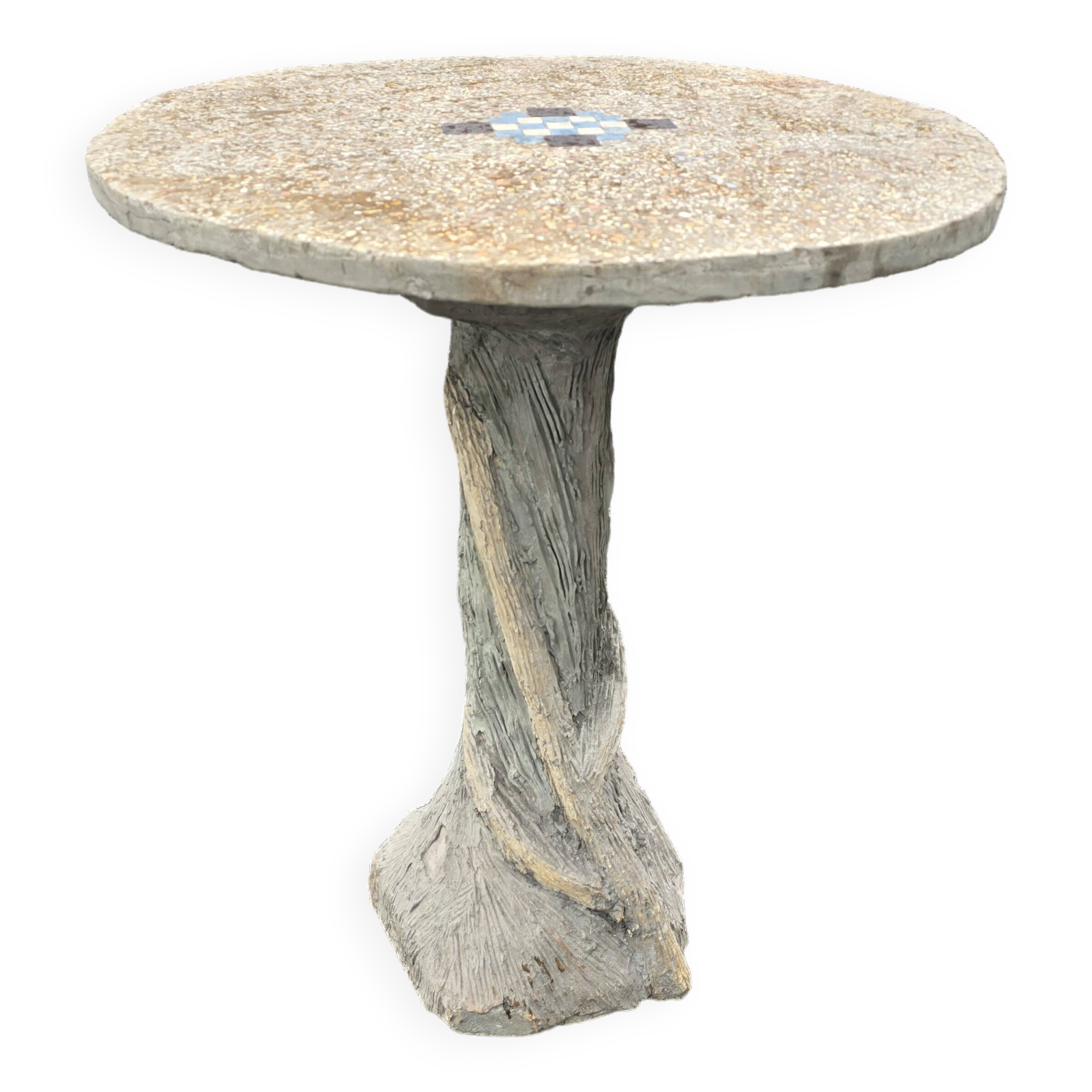Cement garden table with trunk-shaped foot