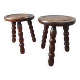 Pair of vintage turned wooden tripod stools