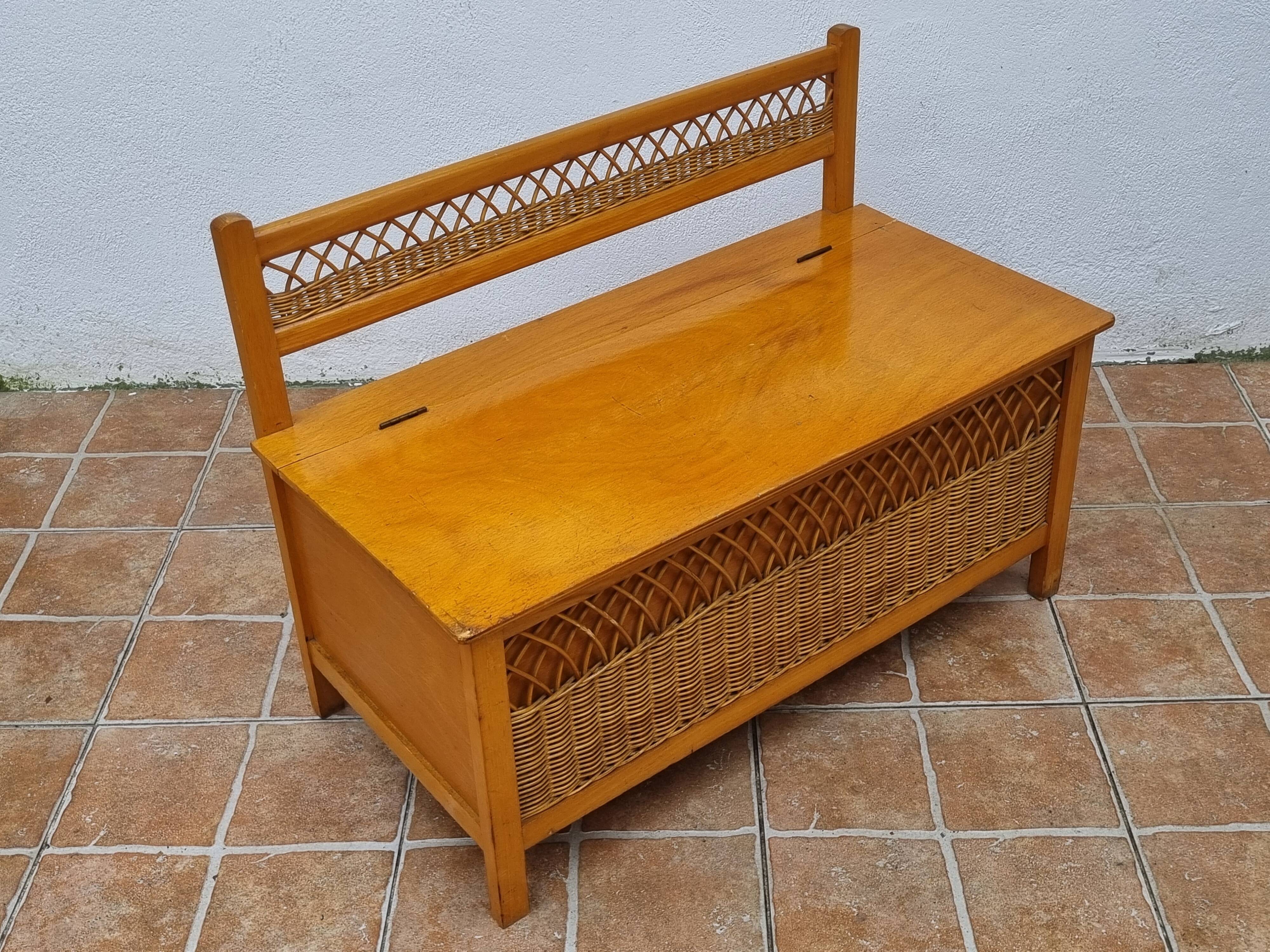 Vintage wooden bench with caning and woven rattan, 1960s-70s.