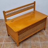 Vintage wooden bench with caning and woven rattan, 1960s-70s.
