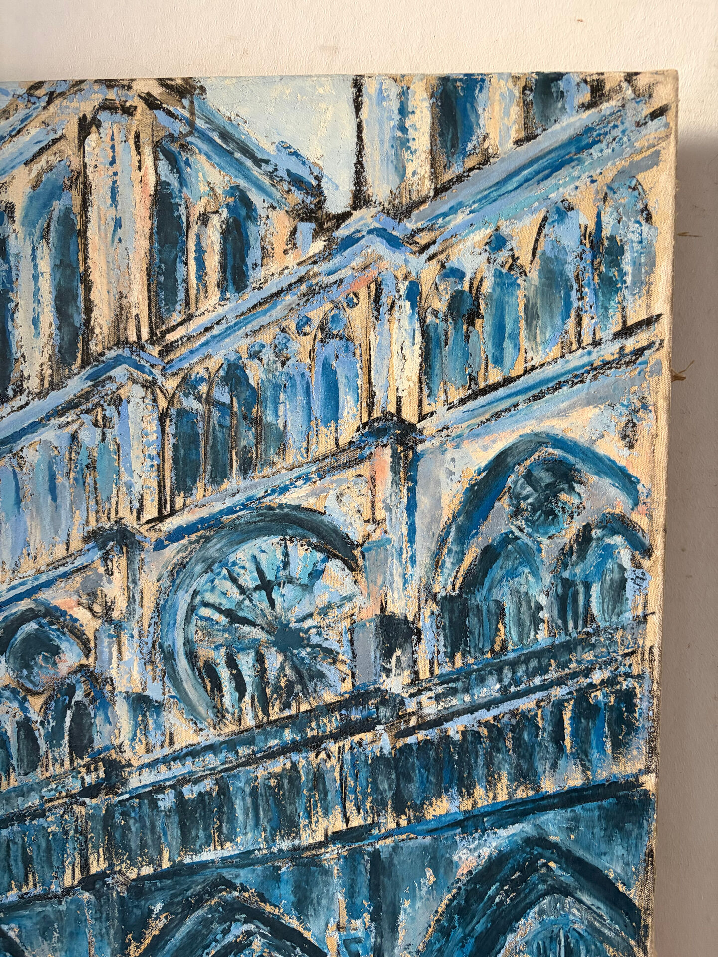 Notre Dame en bleu, huile sur toile signée