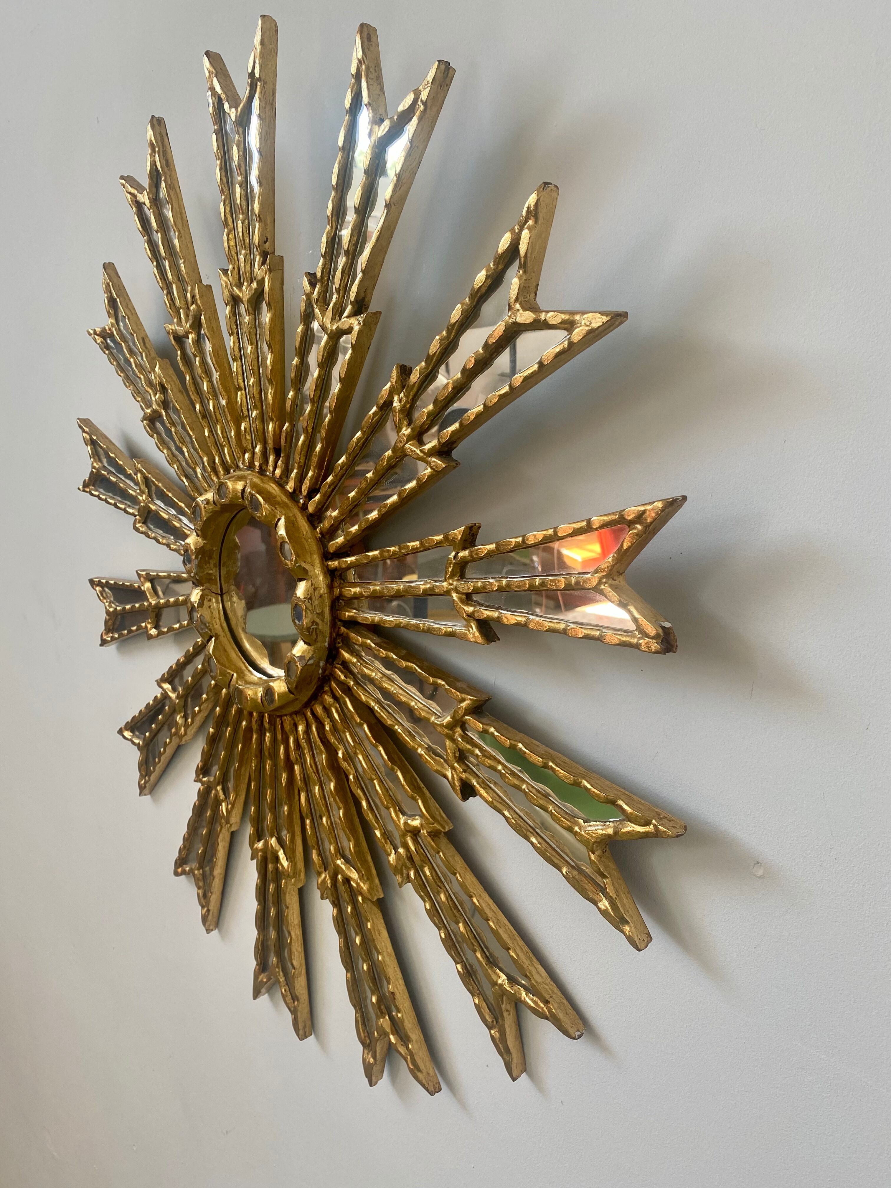 Mirror sun in gilded wood XXL facet mirror design year 60