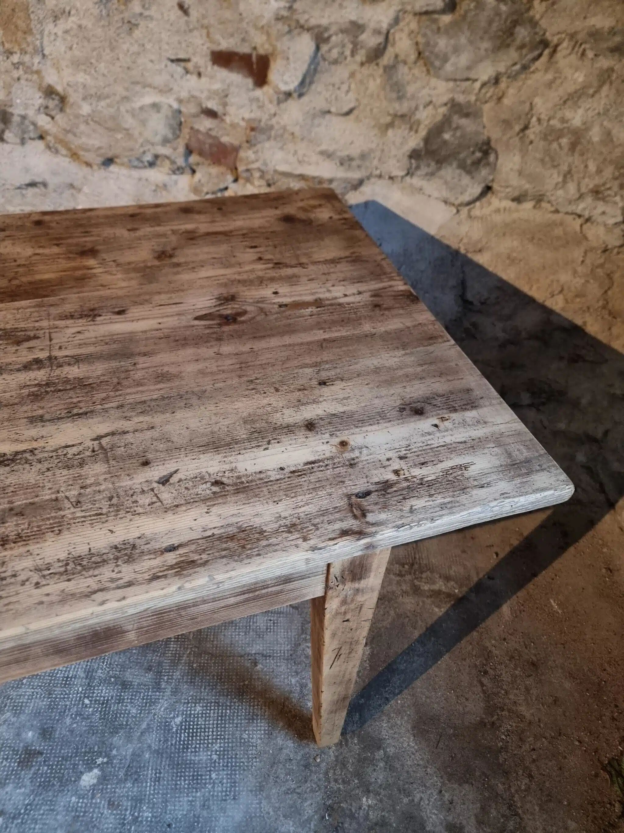 Antique French pine dining table, large farmhouse table on wheels, 19th century.