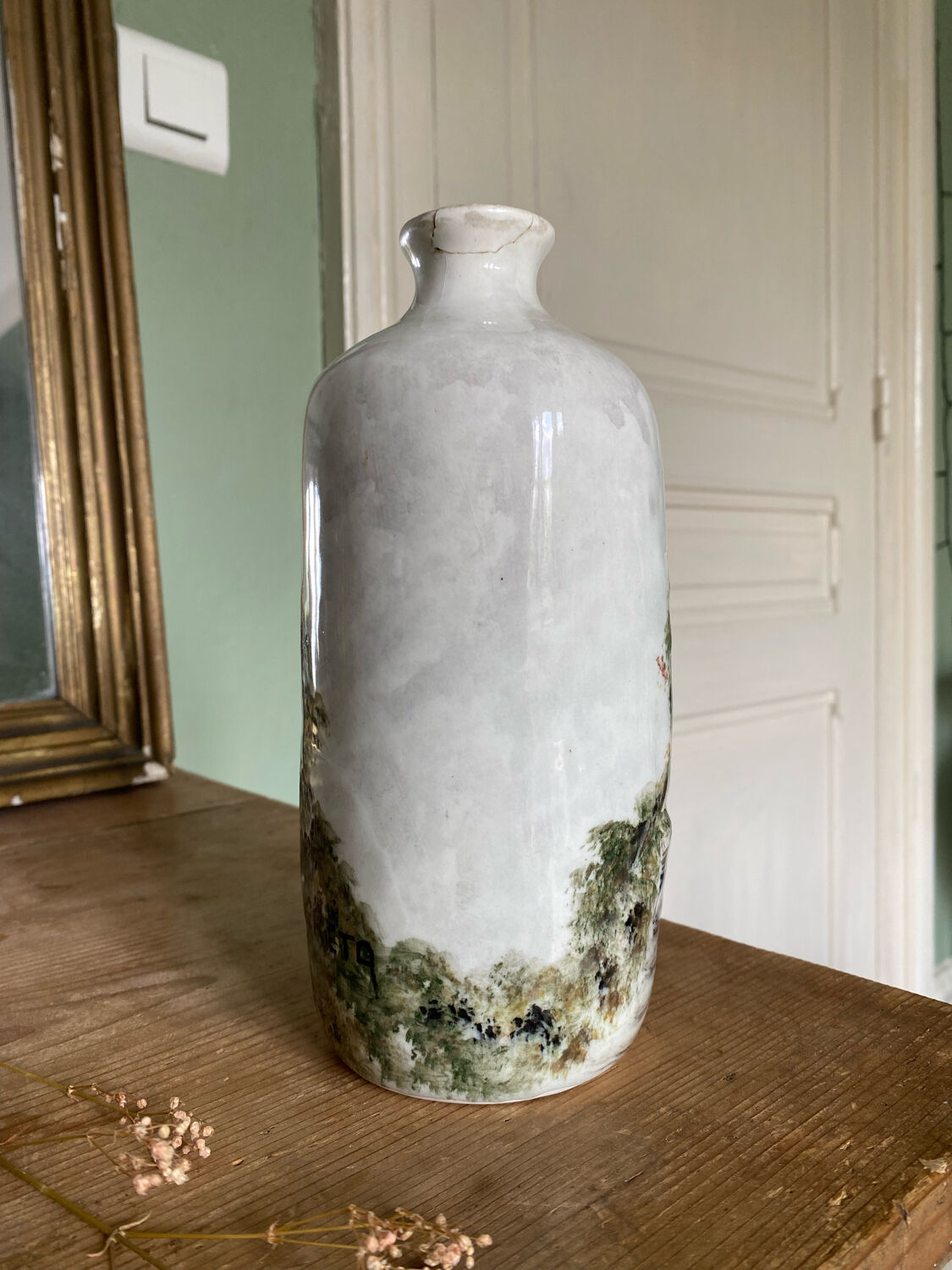 Handcrafted ceramic vase village scene Crete 70s