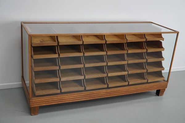 Meuble de mercerie ou comptoir de magasin ancien en érable et chêne britannique, années 1930