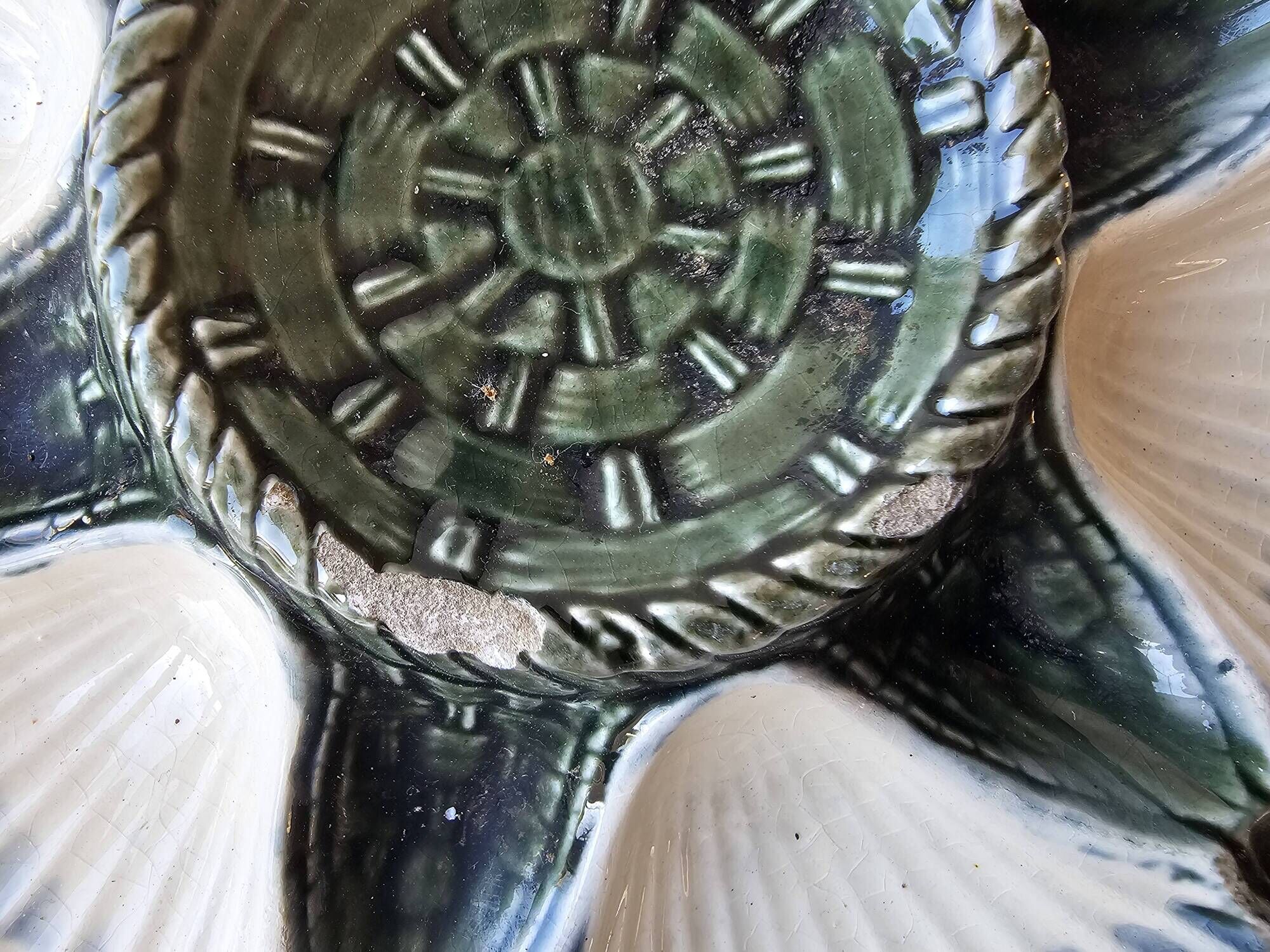 Set of 4 vintage green and white majolica oyster plates.