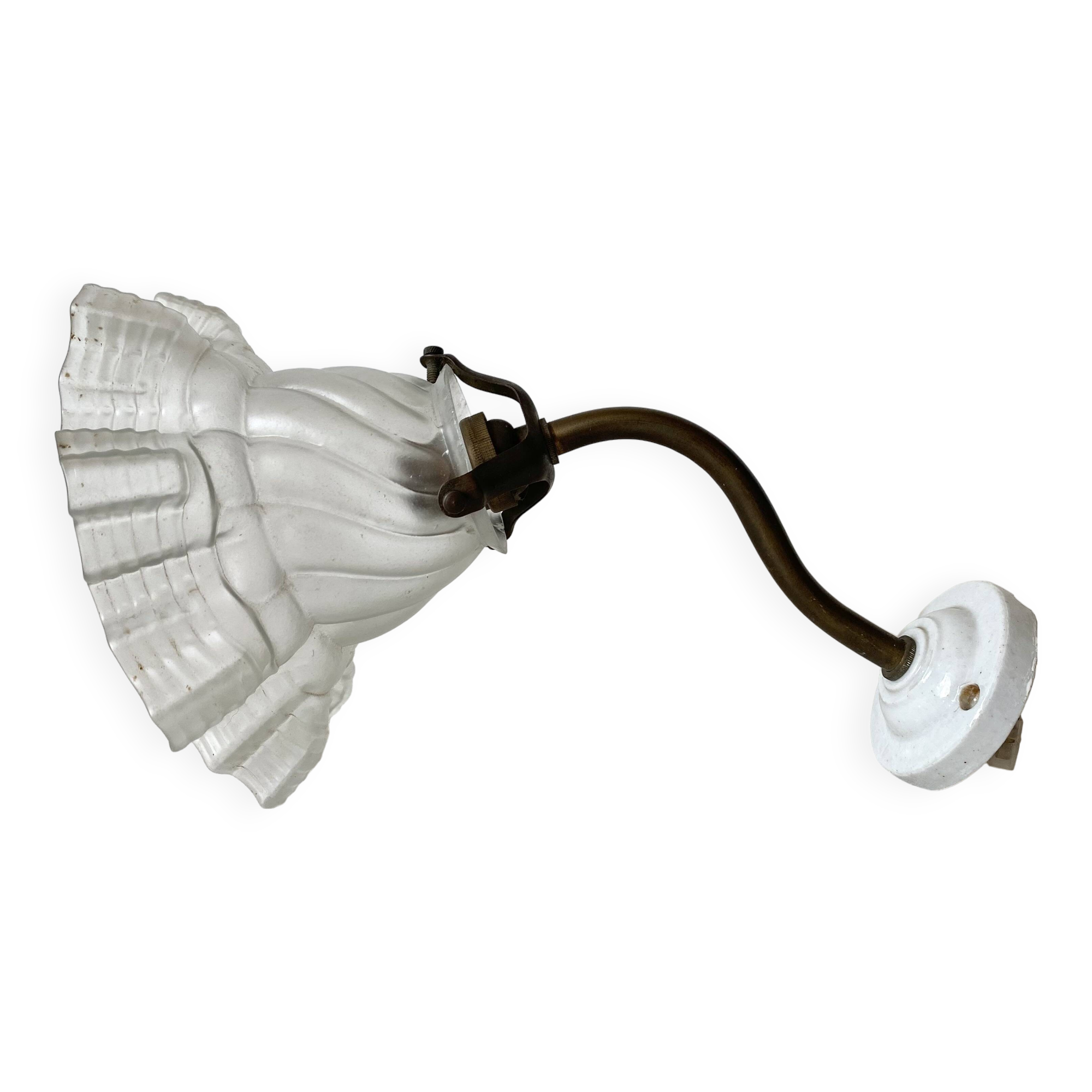 Antique swan neck wall lamp with frosted glass and porcelain