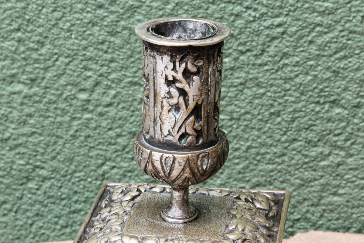 Pair of square candlesticks in patinated bronze