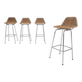 Set of four Rohe Noordwolde rattan and metal bar stools, The Netherlands 1950's