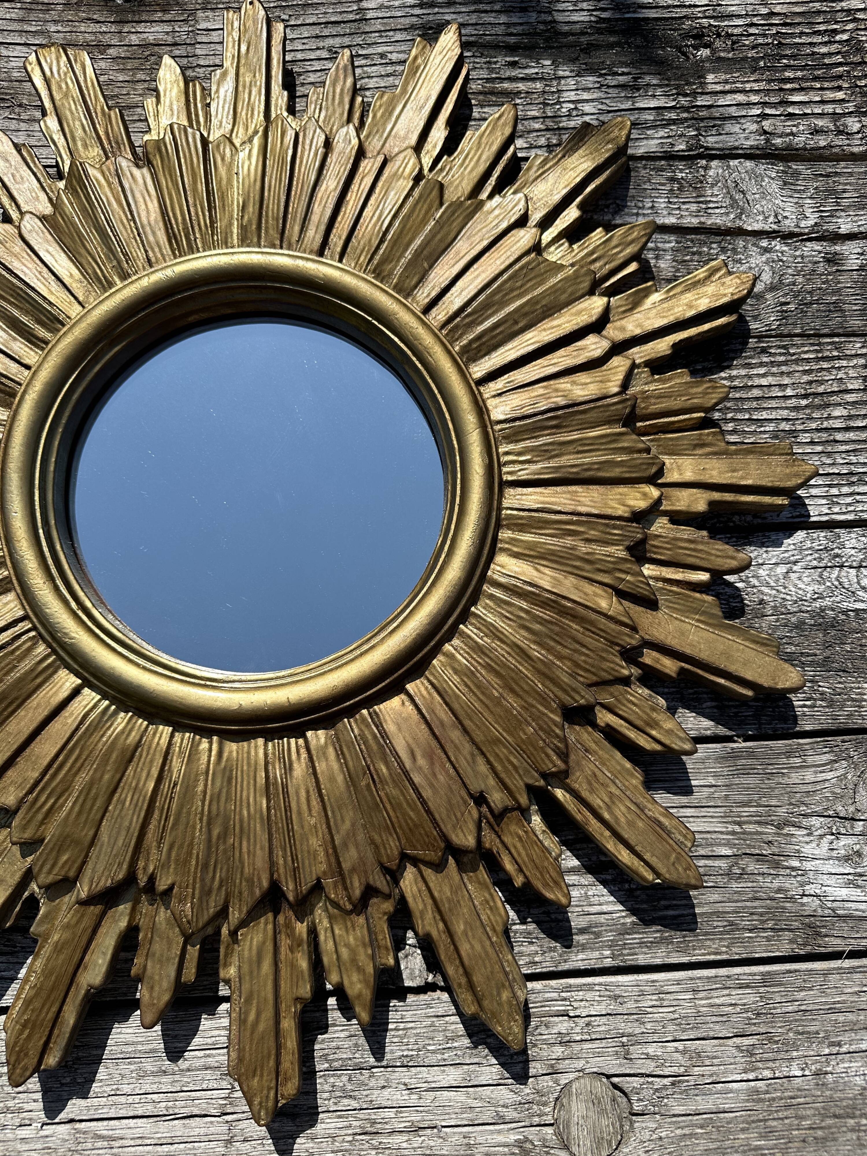 Vintage sun mirror 1960 in patinated golden balsa