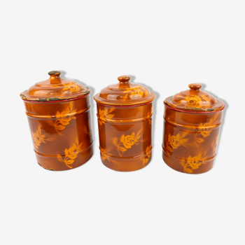 3 pots de rangement en émail vintage récipients de cuisine en Français floraux, orange, cuisine florale du milieu du sièclew