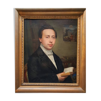 Tableau  facture  francaise du xixe siecle .portrait d'homme tenant un livre