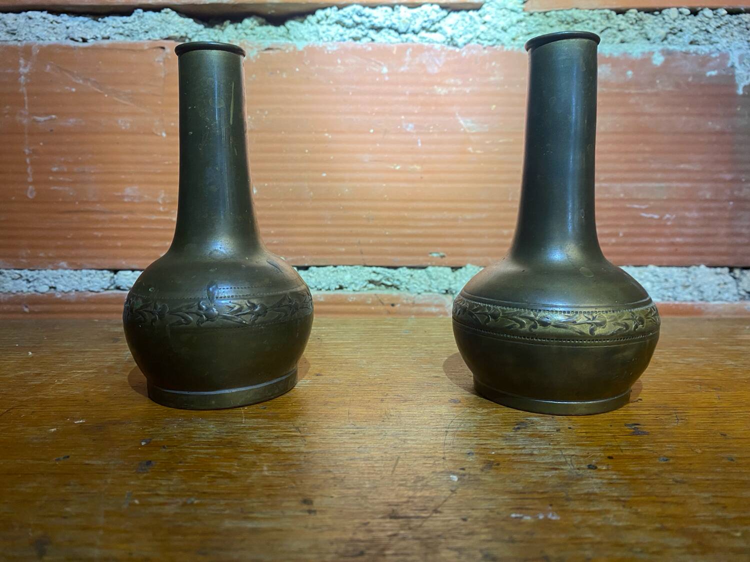 Pair of Antique Vintage Repoussé Brass Vases