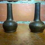 Pair of Antique Vintage Repoussé Brass Vases