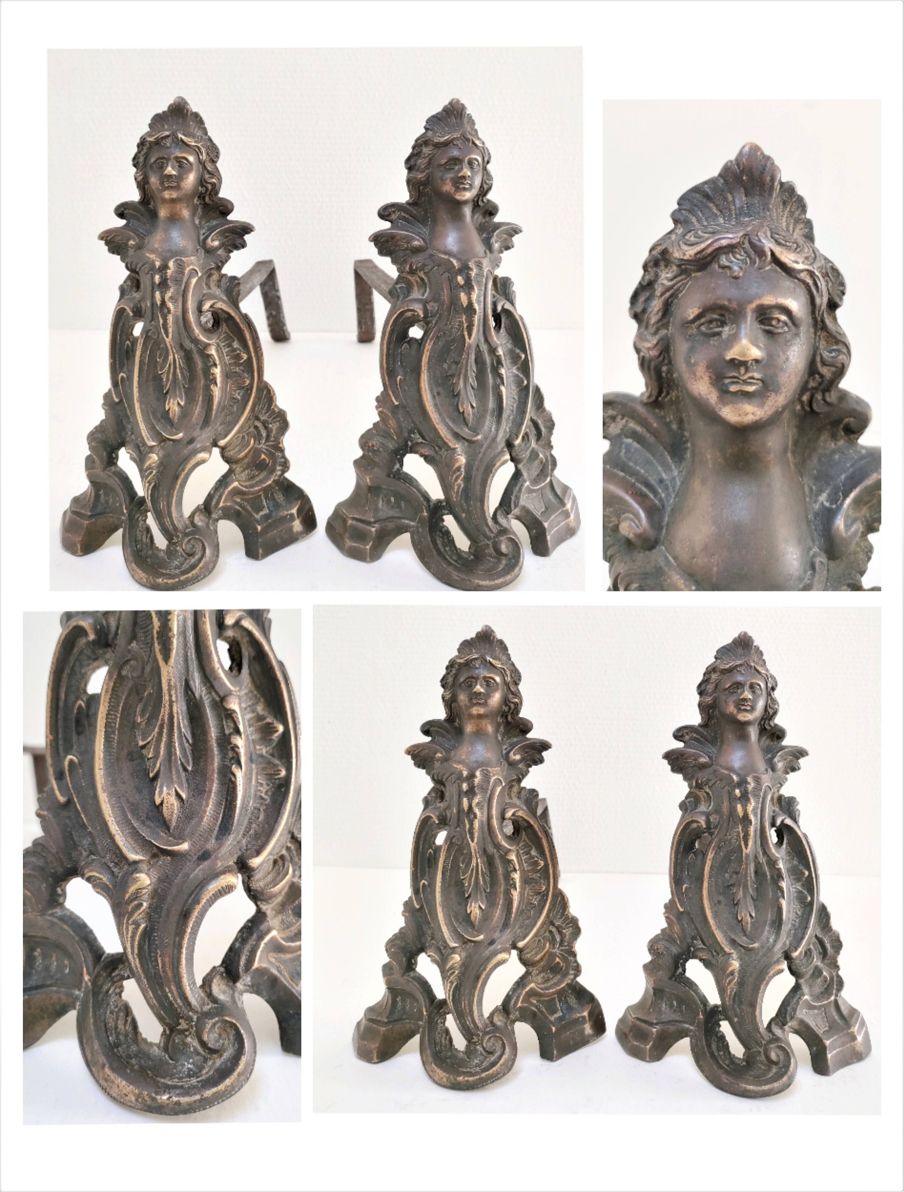 Pair of bronze andirons with black patina, 19th century, female caryatids