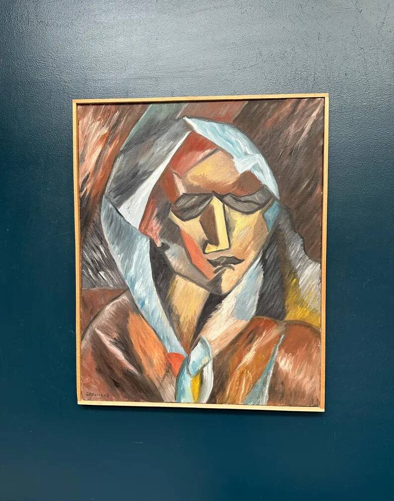Original Swedish Oil on Canvas – “Cubist Woman Portrait” by Jan Pålsson – Signed – Dated 1980 – Vintage & Framed – 77 × 62 cm
