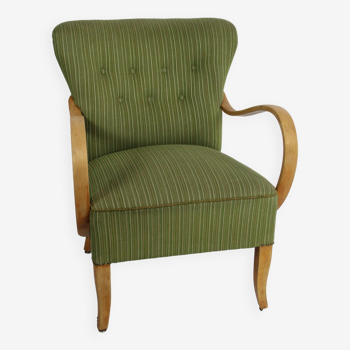 Fauteuil vintage hetre et tissu vert 1950 danemark