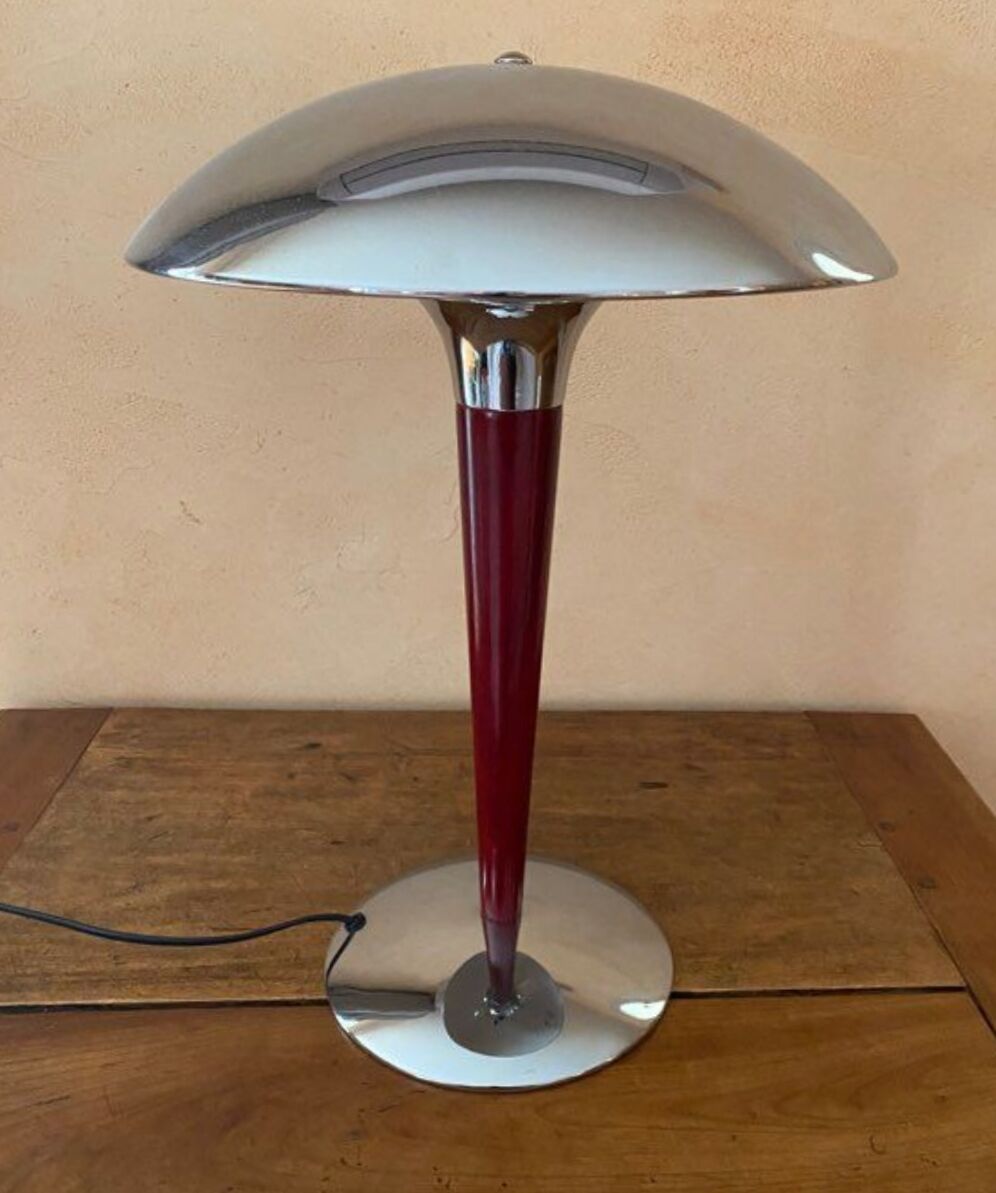 Lampe champignon 1980 chromé et marron acajou