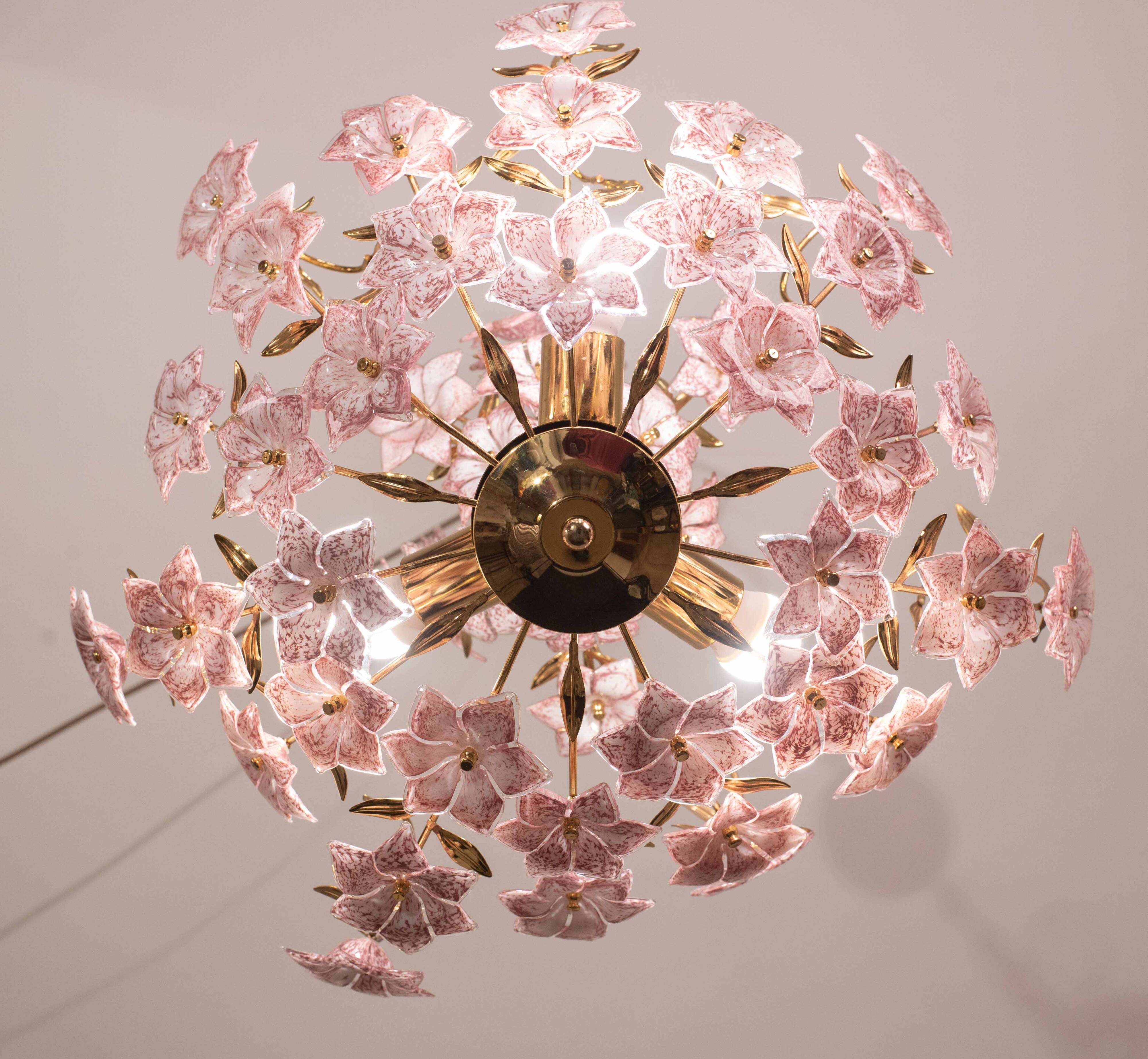 Vintage Murano Glass Chandelier Pink Flowers, 1970