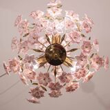Vintage Murano Glass Chandelier Pink Flowers, 1970